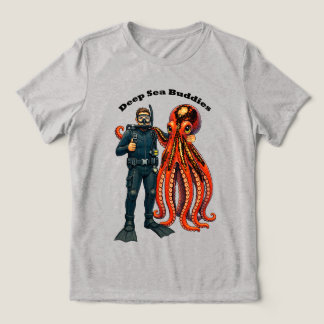 巨大なタコとポーズをとるスクーバダイバー URM トライブレンドＴシャツ