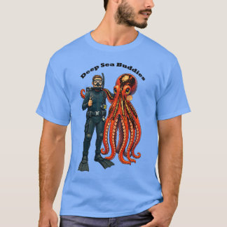 巨大なタコとポーズをとるスクーバダイバー URM Tシャツ