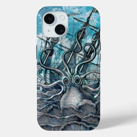 巨大なタコの青い海の怪物帆船 Case-Mate iPhoneケース (裏面)