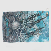 巨大なタコの青い海の怪獣ヨットモノグラム ゴルフタオル (横)