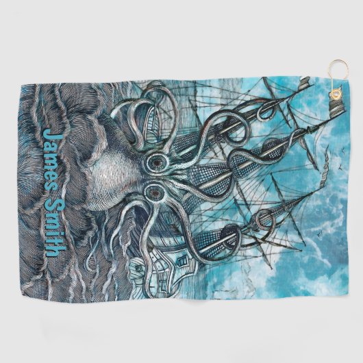 巨大なタコの青い海の怪獣ヨットモノグラム ゴルフタオル (横)