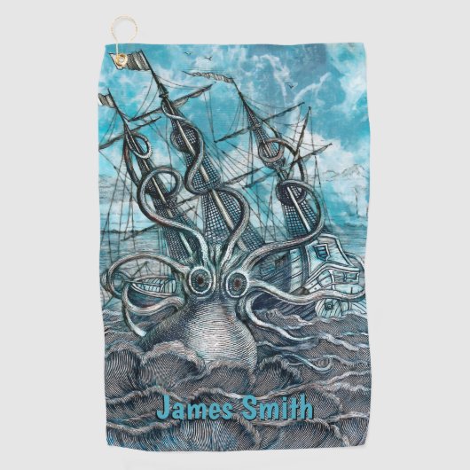 巨大なタコの青い海の怪獣ヨットモノグラム ゴルフタオル (正面)