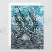 巨大なタコの青い海の怪獣ヨット 招待状 (正面/裏面)