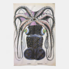 巨大なタコまたはイカ、ビンテージの海洋生物動物 キッチンタオル