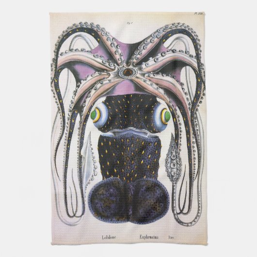 巨大なタコまたはイカ、ビンテージの海洋生物動物 キッチンタオル (縦)