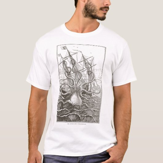 巨大なタコ クラーケン 船を攻撃する海のモンスター Tシャツ (正面)