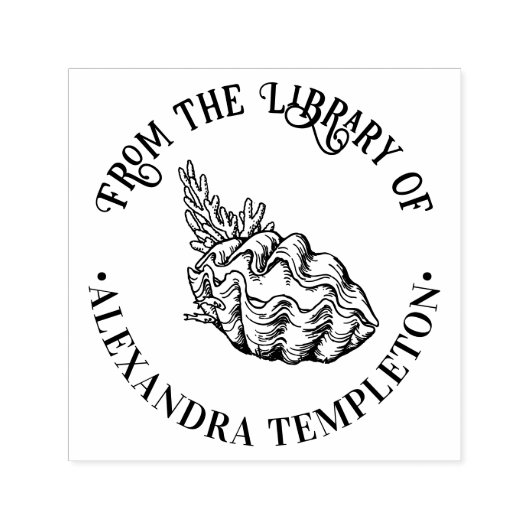 巨大なハマグリの殻とサンゴのライブラリーの本の名前 セルフインキングスタンプ (デザイン)