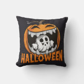 巨大なハロウィーンのカボチャから現れる幽霊 クッション (正面)