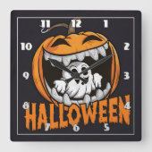 巨大なハロウィーンのカボチャから現れる幽霊 スクエア壁時計 (正面)