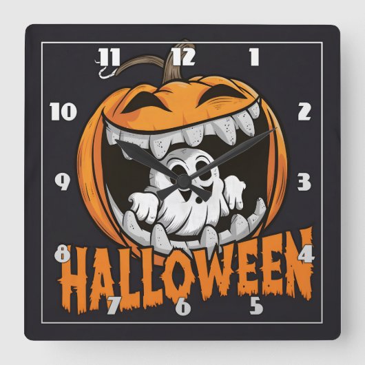巨大なハロウィーンのカボチャから現れる幽霊 スクエア壁時計 (正面)