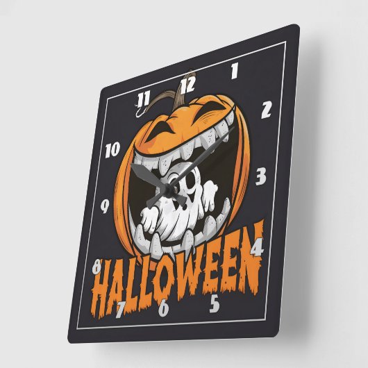 巨大なハロウィーンのカボチャから現れる幽霊 スクエア壁時計 (傾斜)