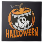 巨大なハロウィーンのカボチャから現れる幽霊 タイル (正面)