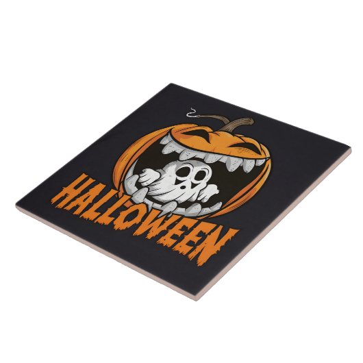 巨大なハロウィーンのカボチャから現れる幽霊 タイル (側面)