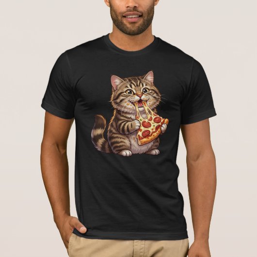 巨大なピザのスライスを食べる猫 - 幸せな表情 Tシャツ (正面)