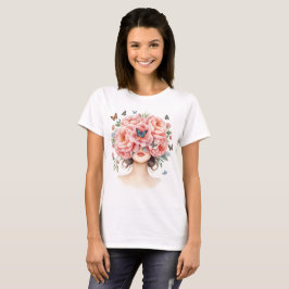 巨大なピンクのバラと蝶を持つ美しい女性 Tシャツ