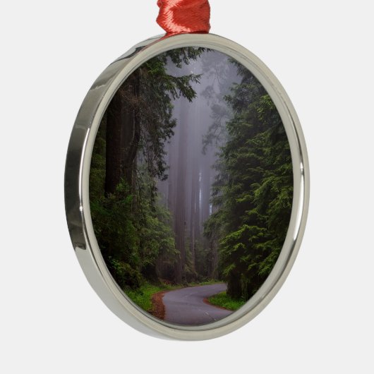 巨大なレッドウッドの木、曲がりくねった道、国立公園 メタルオーナメント (右)