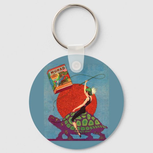 巨大な亀に乗って女性の女性を村落 キーホルダー (正面)