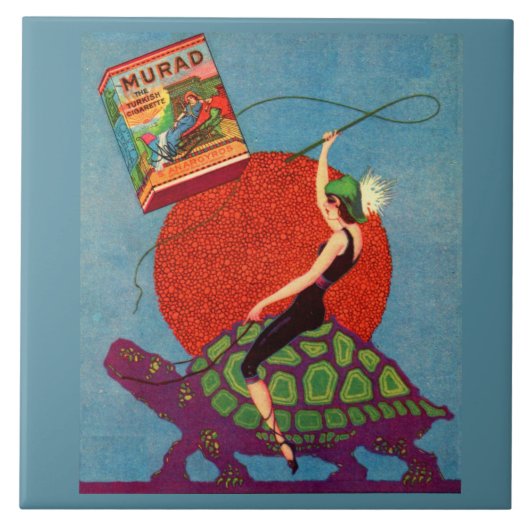 巨大な亀に乗って女性の女性を村落 タイル (正面)