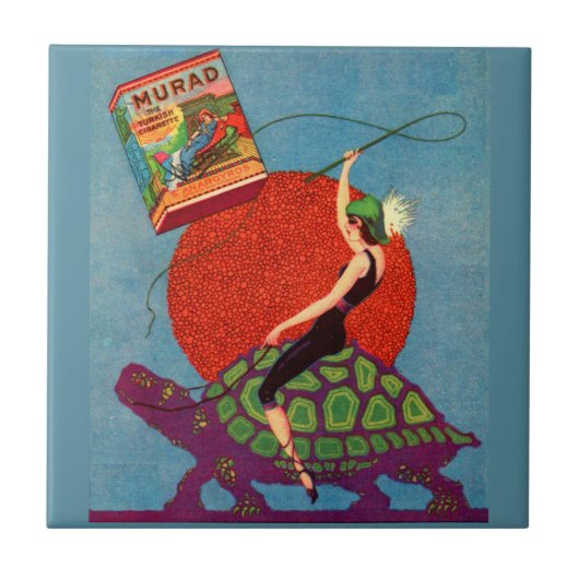 巨大な亀に乗って女性の女性を村落 タイル (正面)