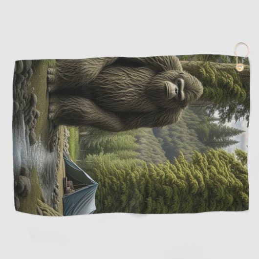 巨大な大きな足は森のテントの横に座っている ゴルフタオル (横)