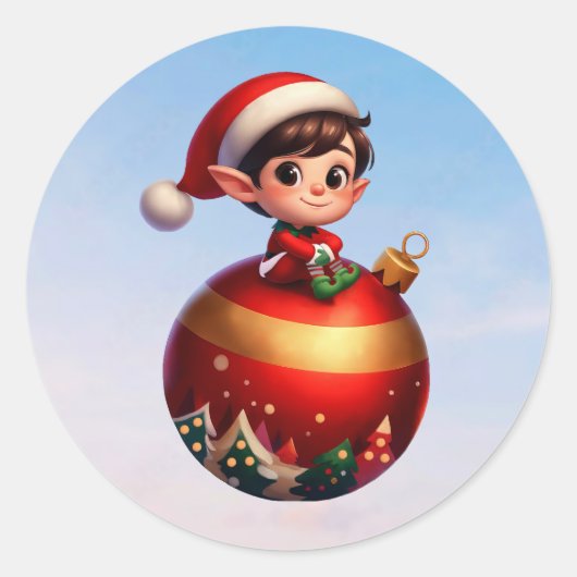巨大な小妖精や小人の上に座ってかわいいクリスマスオーナメント ラウンドシール (正面)