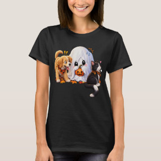 巨大な幽霊が小さなカボチャの陰に隠れてハロウィン Tシャツ