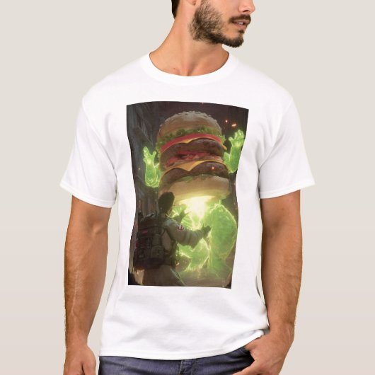 巨大な幽霊バーガー襲撃Tシャツ - おもしろい超常現象デザイン Tシャツ (正面)