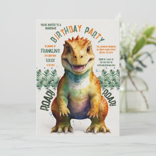 巨大な恐竜の水彩少年の誕生日パーティー 招待状 (スタンド正面)