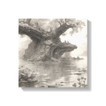 巨大な木々の森と湖の鉛筆のスケッチアート