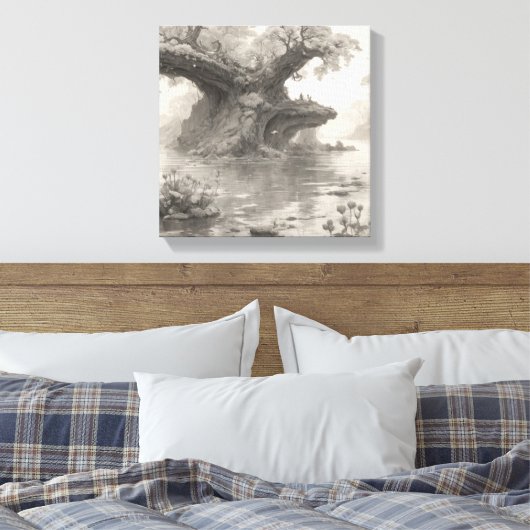 巨大な木々の森と湖の鉛筆のスケッチアート キャンバスプリント (インサイチュ (寝室))