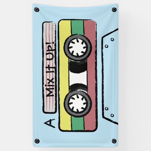 巨大な漫画の手描きのカセットテープ(青い) 横断幕 (縦)