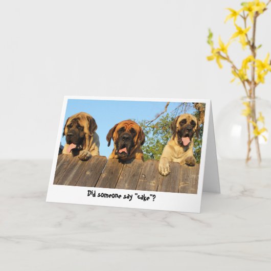 巨大な犬がフェンスの誕生日カードを覗き込む カード (黄色い花)