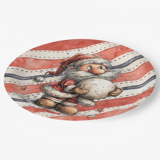 巨大な雪玉を持つサンタクロース ペーパープレート (アングル)