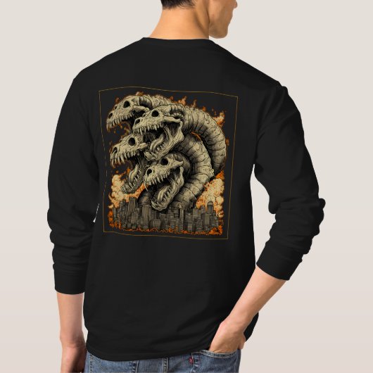 巨大な骸骨の怪獣モンスター都市長袖 Tシャツ (裏面)