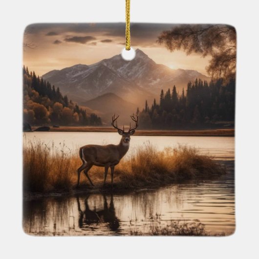 巨大な鹿が山上の湖に セラミックオーナメント (裏面)