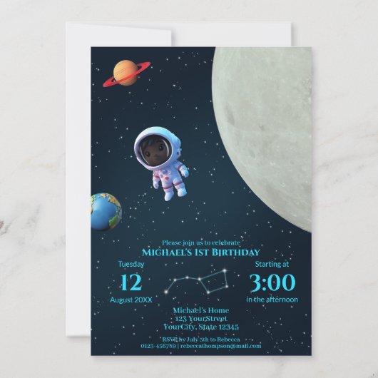 巨大な1枚の写真コラージュ | ロケット宇宙第1誕生日 招待状 (裏面)