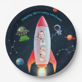 巨大な1枚の写真コラージュ | 宇宙ロケット1歳の誕生日 ペーパープレート (正面)