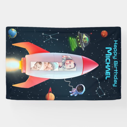 巨大な1枚の写真コラージュ | 第1誕生日宇宙ロケット 横断幕 (横)
