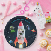 巨大な2つのフォトコラージュ | 宇宙ロケット第2の誕生日 ペーパープレート (パーティー)