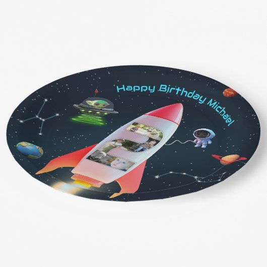 巨大な2つのフォトコラージュ | 宇宙ロケット第2の誕生日 ペーパープレート (アングル)
