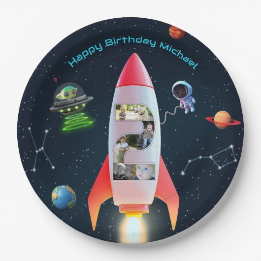 巨大な2つのフォトコラージュ | 宇宙ロケット第2の誕生日 ペーパープレート (正面)
