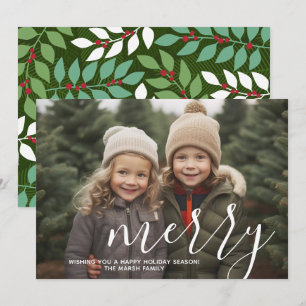 巨大なMERRYスクリプトの白いオーバーレイが入った写真 - 緑 シーズンカード