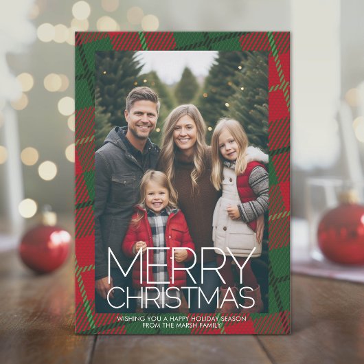 巨大なMERRY CHRISTMASの赤と緑のチェック柄の写真 シーズンカード