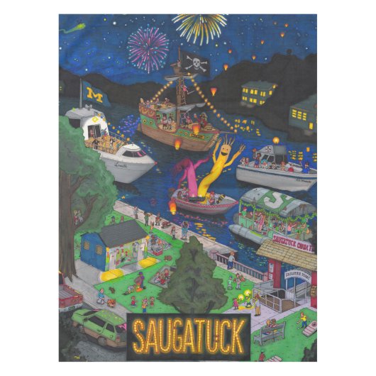 巨大なSaugatuck (夜)の綿のテーブルクロス テーブルクロス (正面)