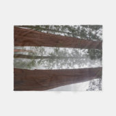 巨大セコイアの下の霧の朝と春の雪 フリースブランケット (正面(横))