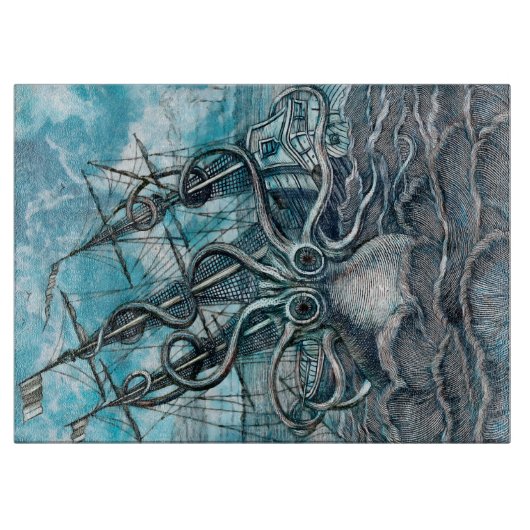 巨大タコブルーシーモンスターセーリングボート カッティングボード (正面)