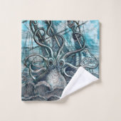 巨大タコブルーシーモンスターセーリングボート バスタオルセット (ウォッシュタオル)