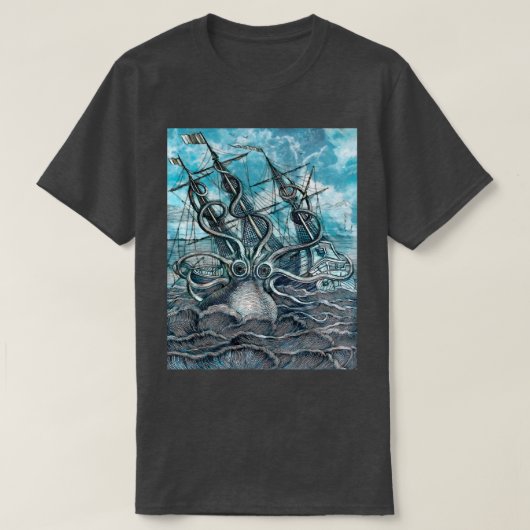 巨大タコブルーシーモンスターセーリングボート Tシャツ (デザイン正面)