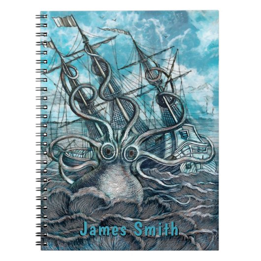 巨大タコ青い海のモンスターシルボートモノグラム ノートブック (正面)