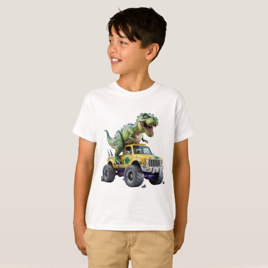 巨大トラックを運転する野生の冒険恐竜 Tシャツ (正面フル)